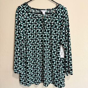 NWT Liz Claiborne Black White Green Squares Long Sleeve Top Blouse Decorative